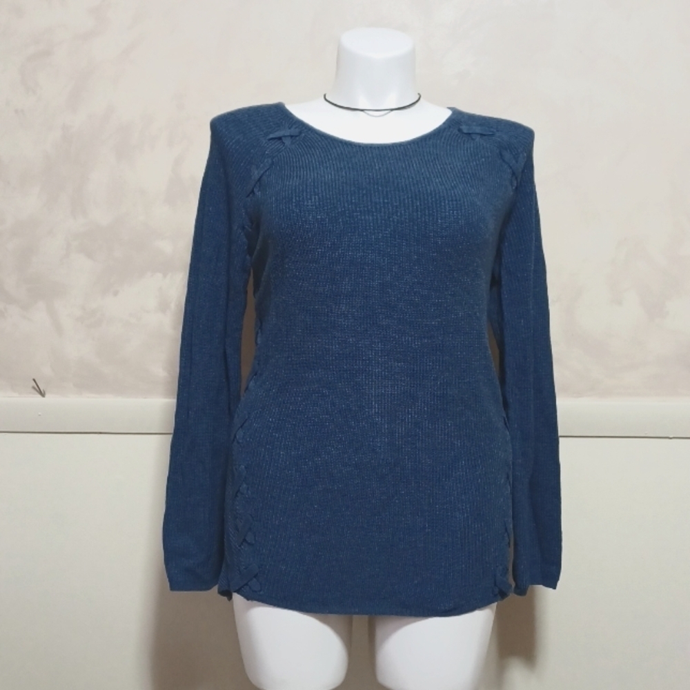 Design History 100% Acrylic Blue Sweater with Criss Cross Side Design Sze XL